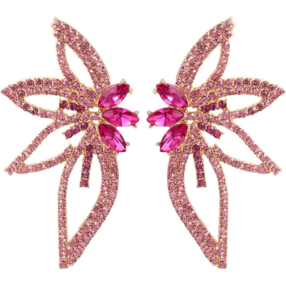 Pink Crystal Abstract Flower Outline Earrings Art Deco Rhinestone Petals Wings - Picture 3 of 6